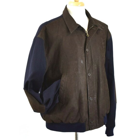 FACONNABLE Brown & Navy Blue Leather & Wool Full Zip Bomber Jacket Men's Size XL - Picture 2 of 12